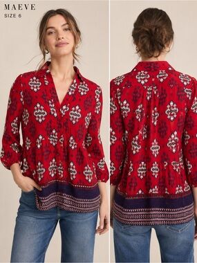 Maeve Red Boho Tribal Print Button Front Blouse Top Size 6